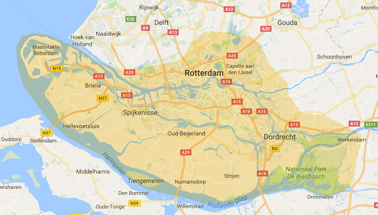 Een Google kaart met het bezorggebied van Bakkerij Pot: Rotterdam, Dordrecht en het eiland Voorne-Putten zijn gemarkeerd.